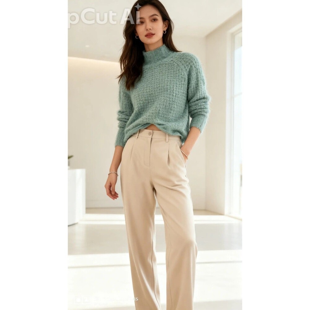 SO Green Solid Fuzzy Knit Mock Neck Raglan Long Sleeve Pullover Sweater S